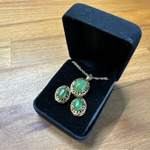Pacific Style Jadeite Green And Gold tone Solitaire Pendant & Earring Set